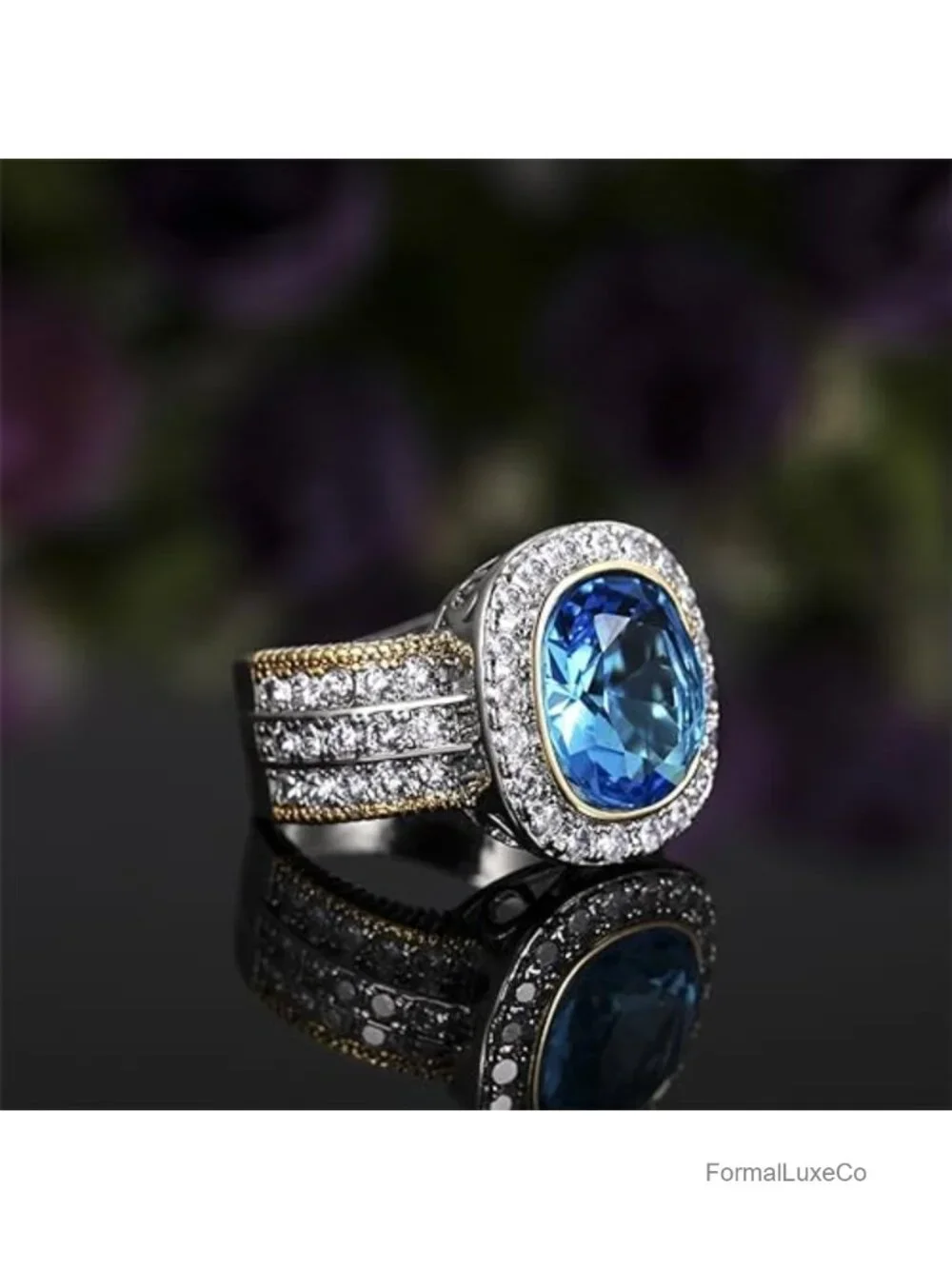 Sterling Silver & 18K Gold Plated Cocktail Ring with Blue Sapphire & CZ Stones